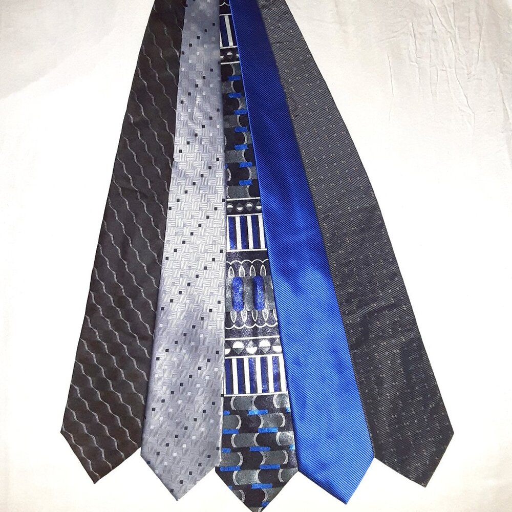 Lot of All 5 Vintage Silk Ties * Black Silver Gray Blue * Wedding, Work, Event *